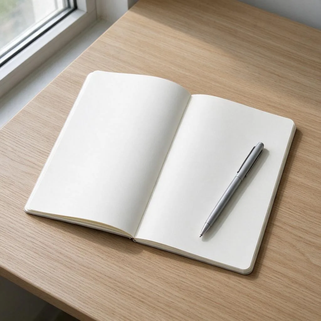 A blank notebook and a pen on a desk