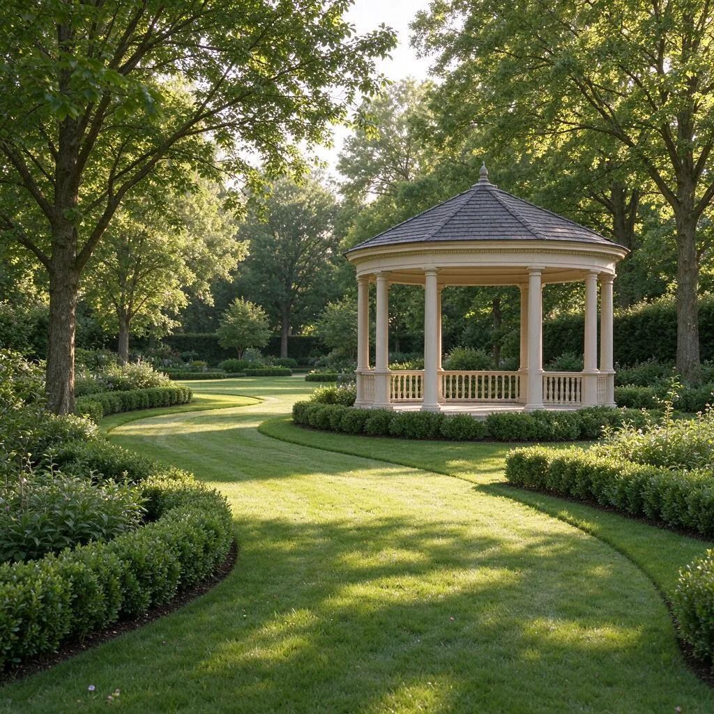 A gazebo beside a lawn path with shrubs nearby