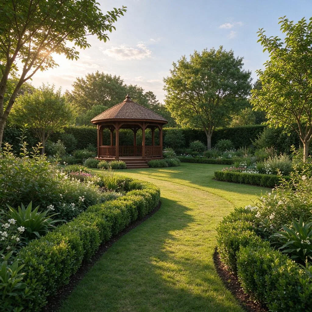 Um gazebo em um jardim com um caminho de grama