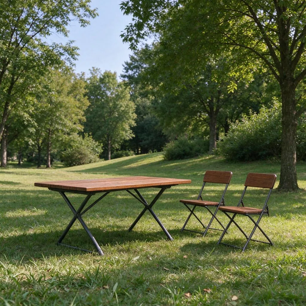 A picnic table and folding chairs in a park