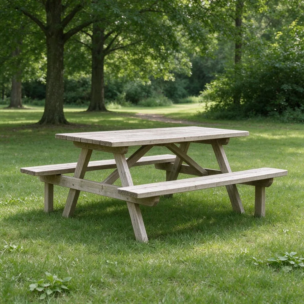A picnic table with benches in a park