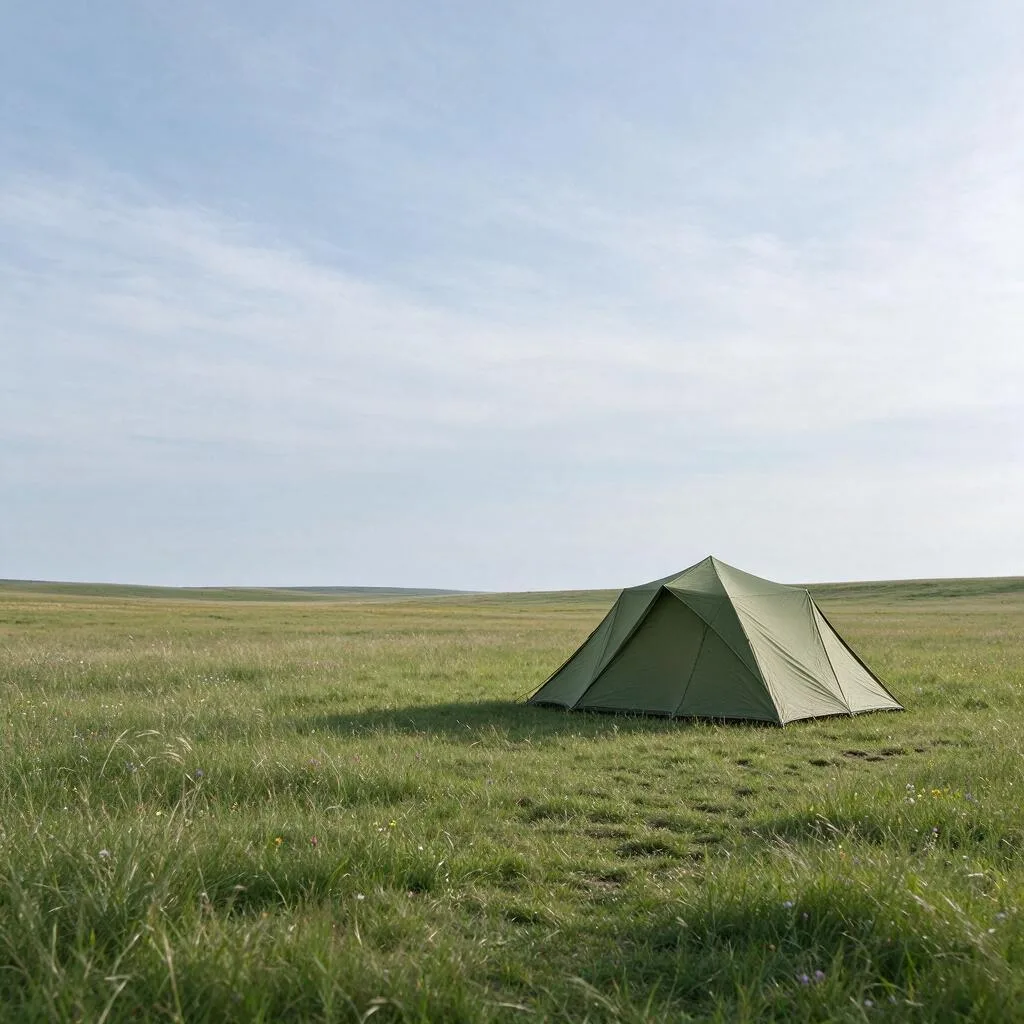 A single tent in a wide grassy field under a pale sky