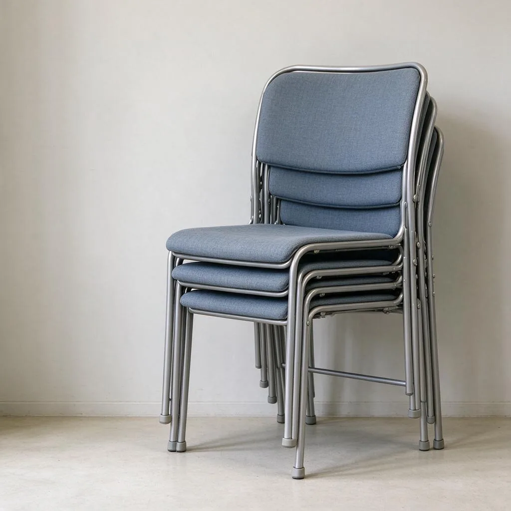 A stack of folded chairs beside a plain wall