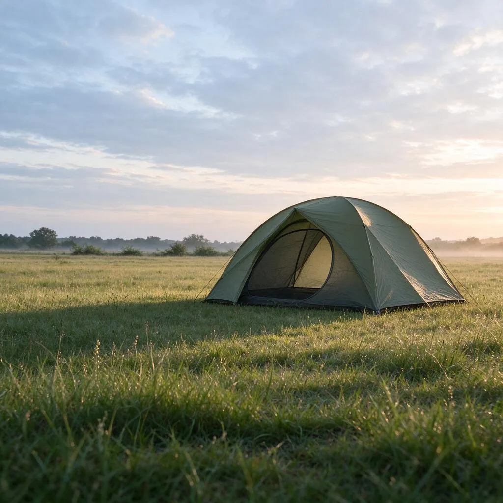 A tent standing in a grassy meadow with trees in the distance